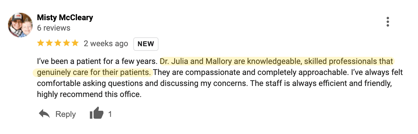 patient review for doctors at a pain clinic describing how they genuinely care for their patients