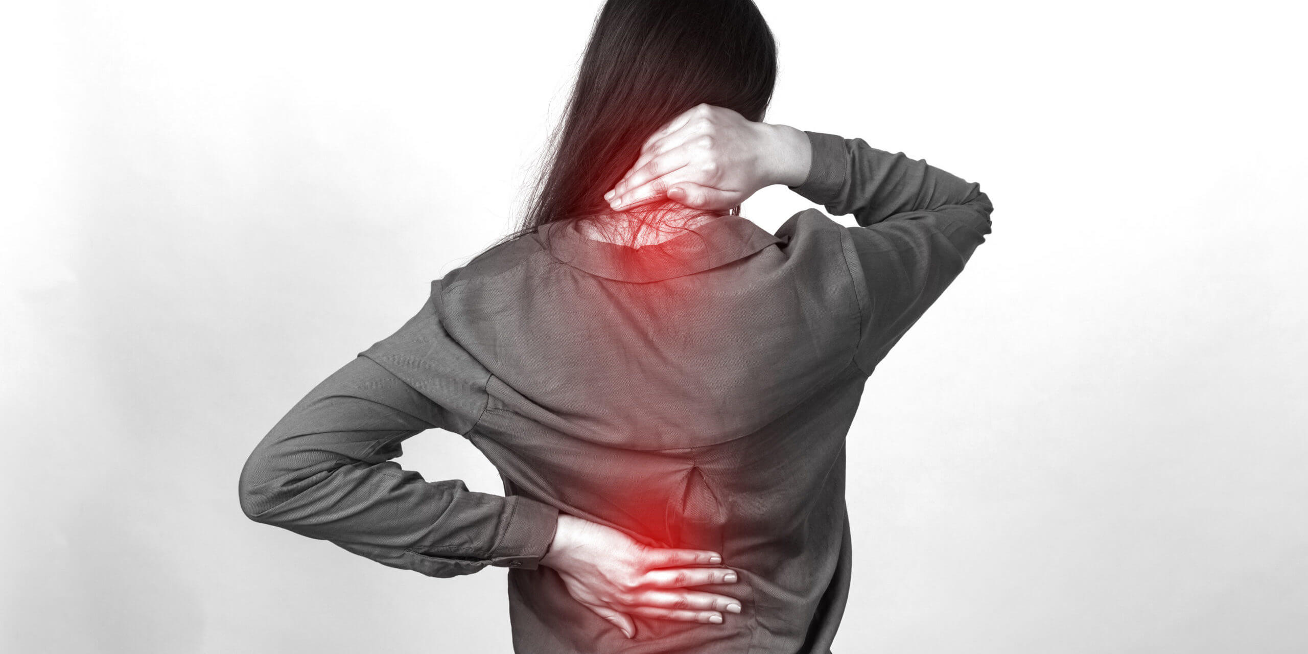 Woman with back and neck pain highlighted in red.