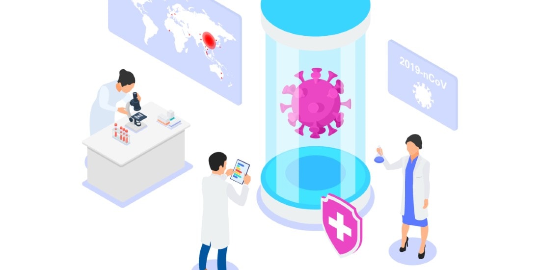 Illustration of scientists analyzing COVID-19 virus.