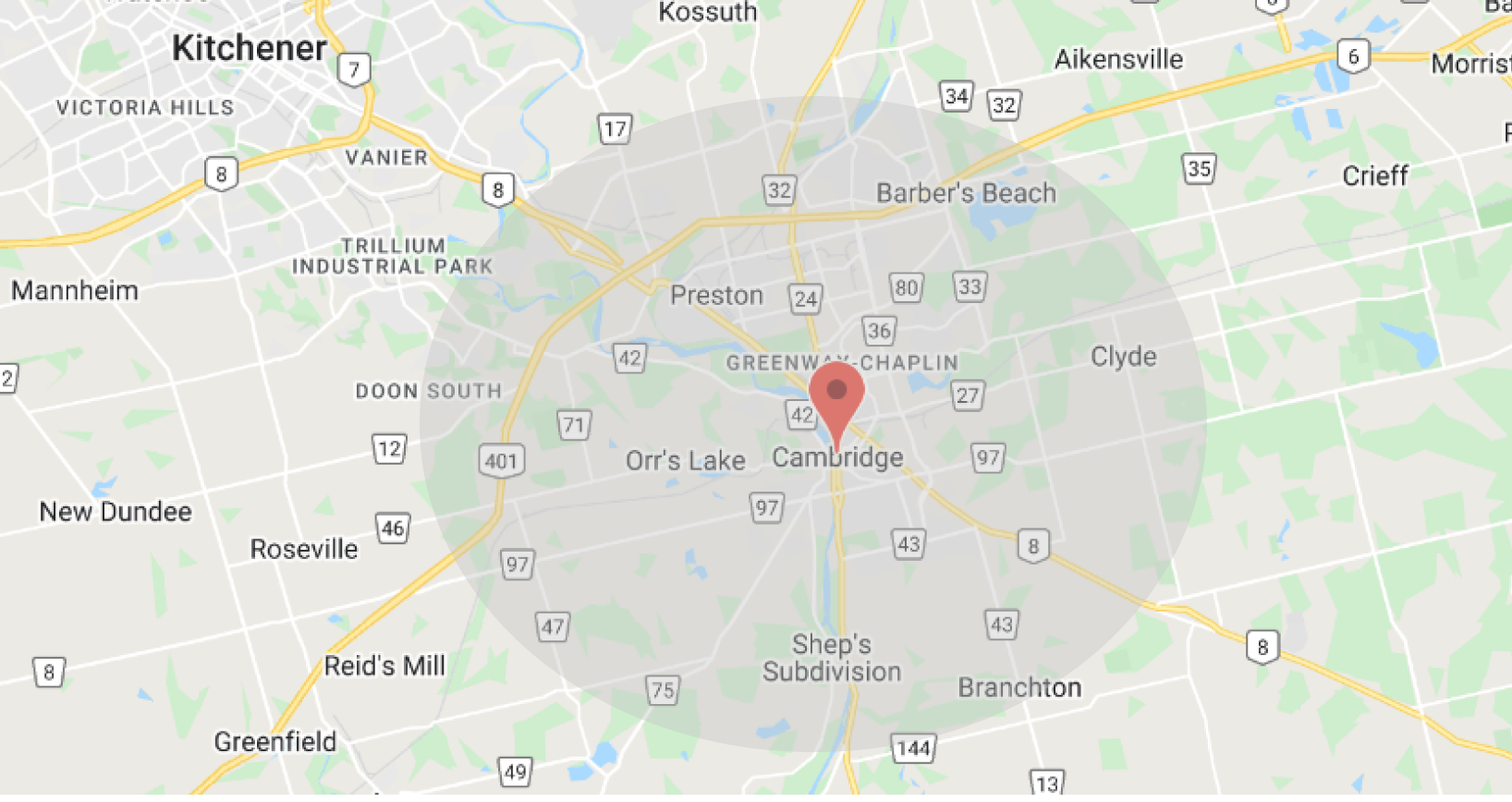 Image of a map showing the Cambridge Ontario region