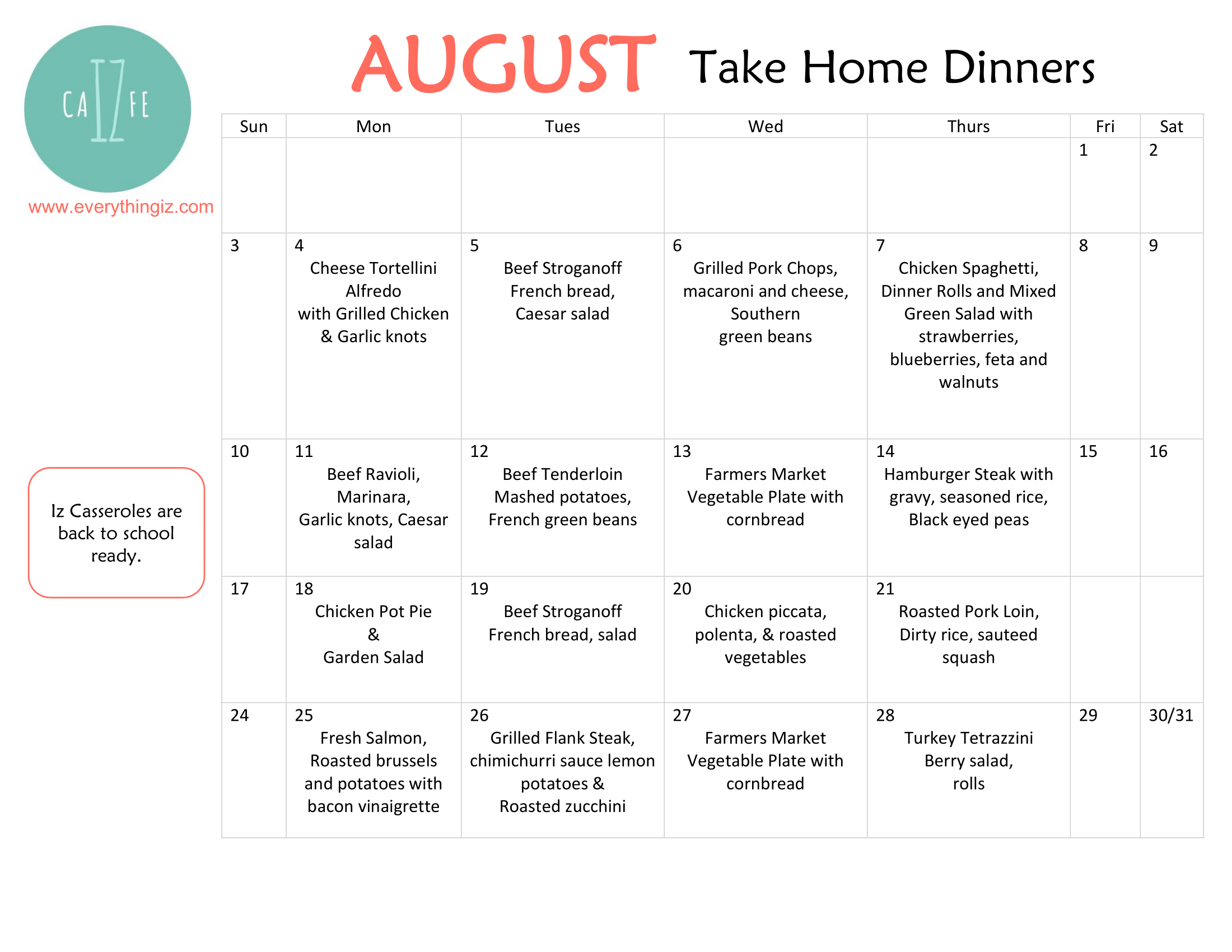 Iz Cafe Take-Home Menu