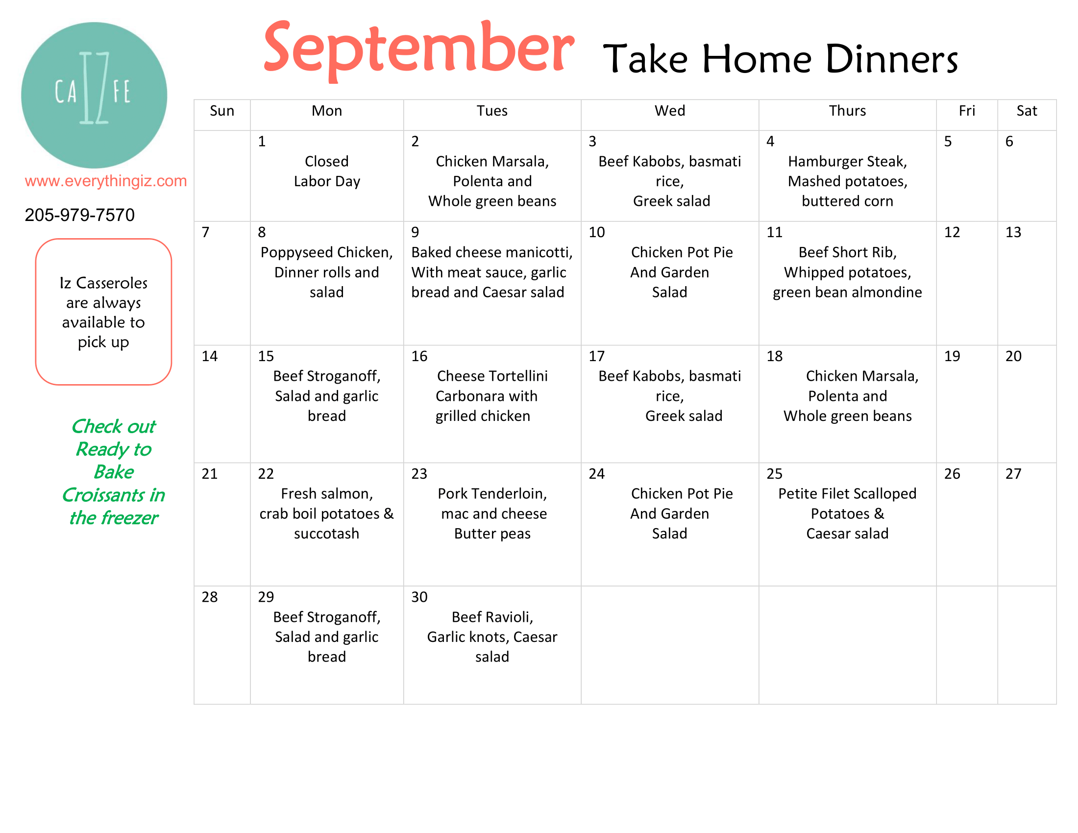 Iz Cafe Take-Home Menu