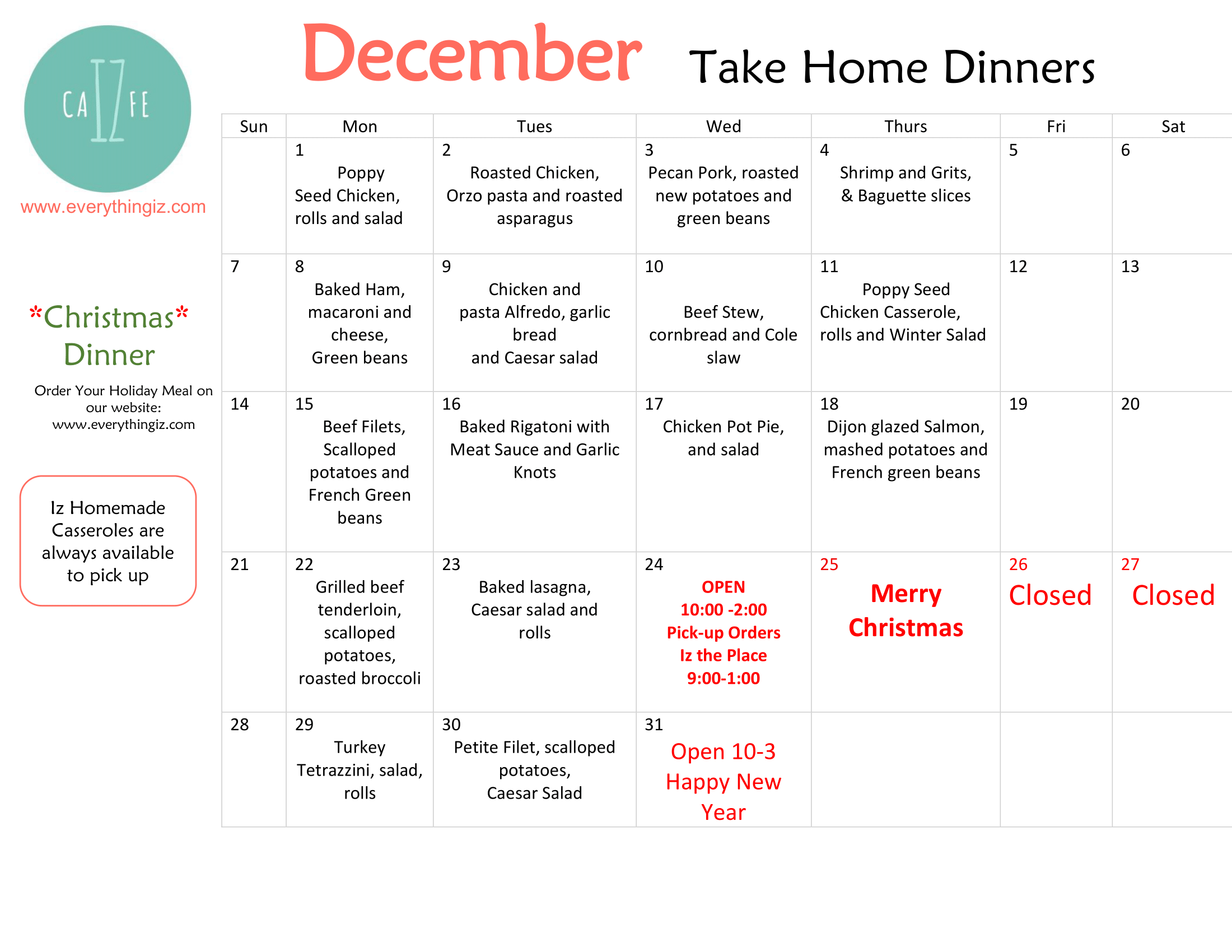 Iz Cafe Take-Home Menu