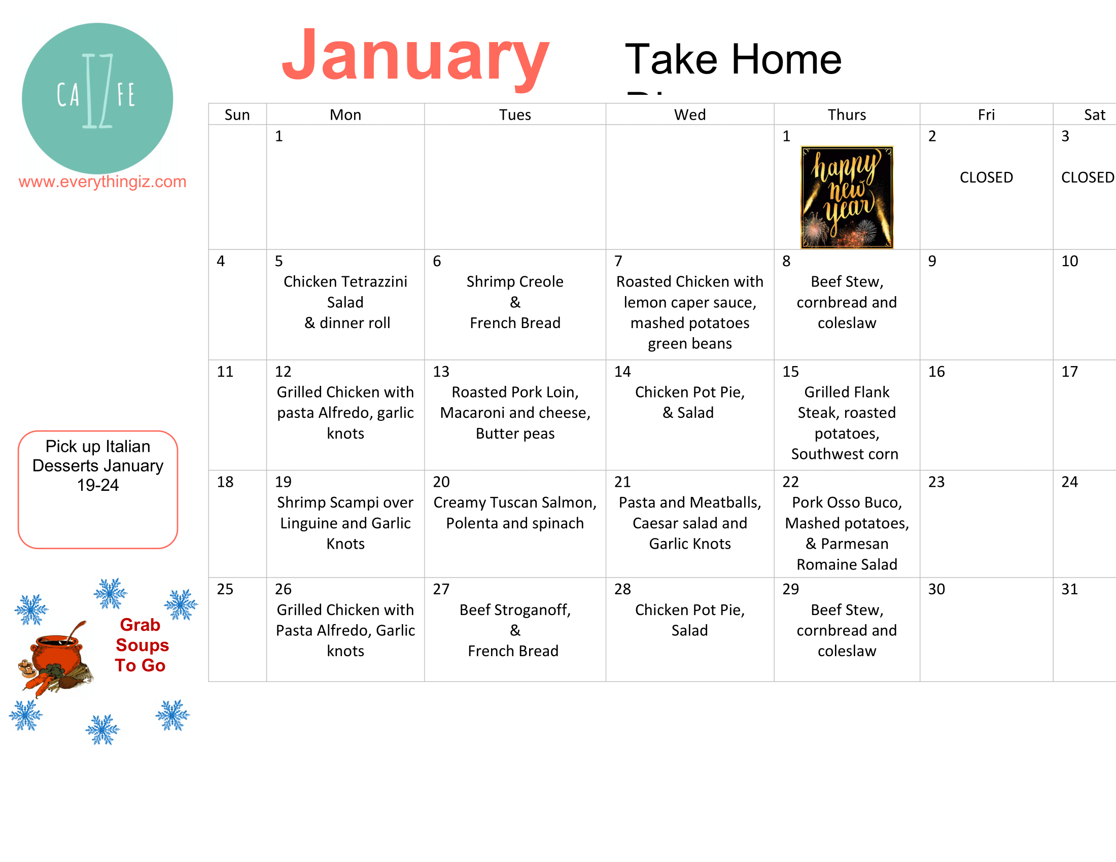 Iz Cafe Take-Home Menu