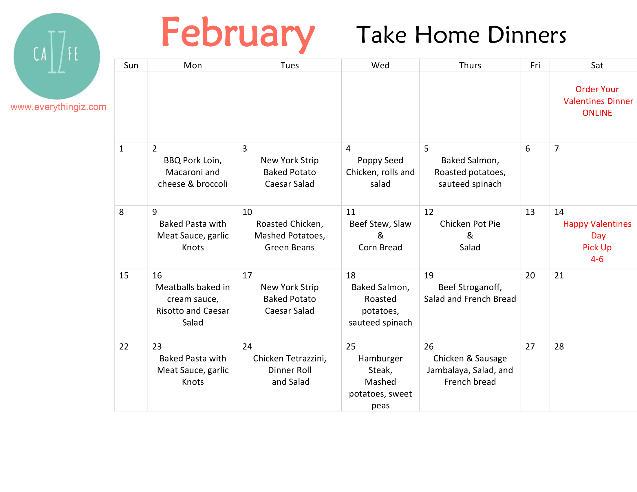 Iz Cafe Take-Home Menu