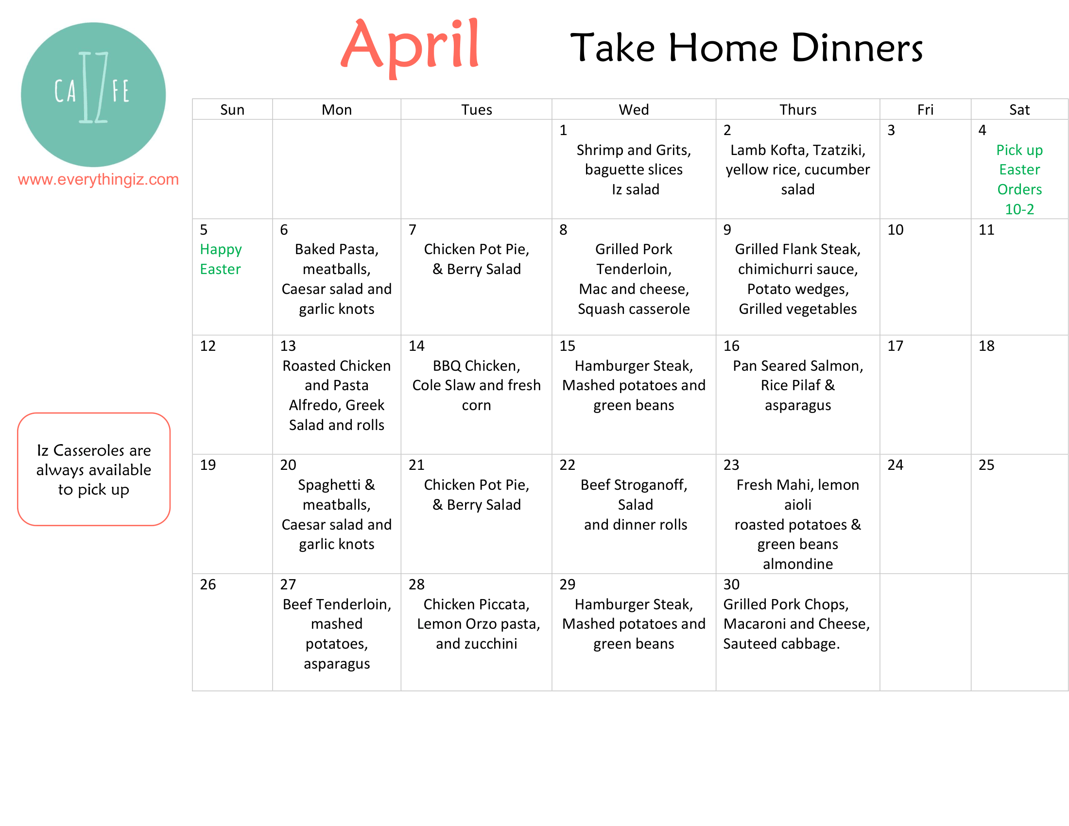 Iz Cafe Take-Home Menu