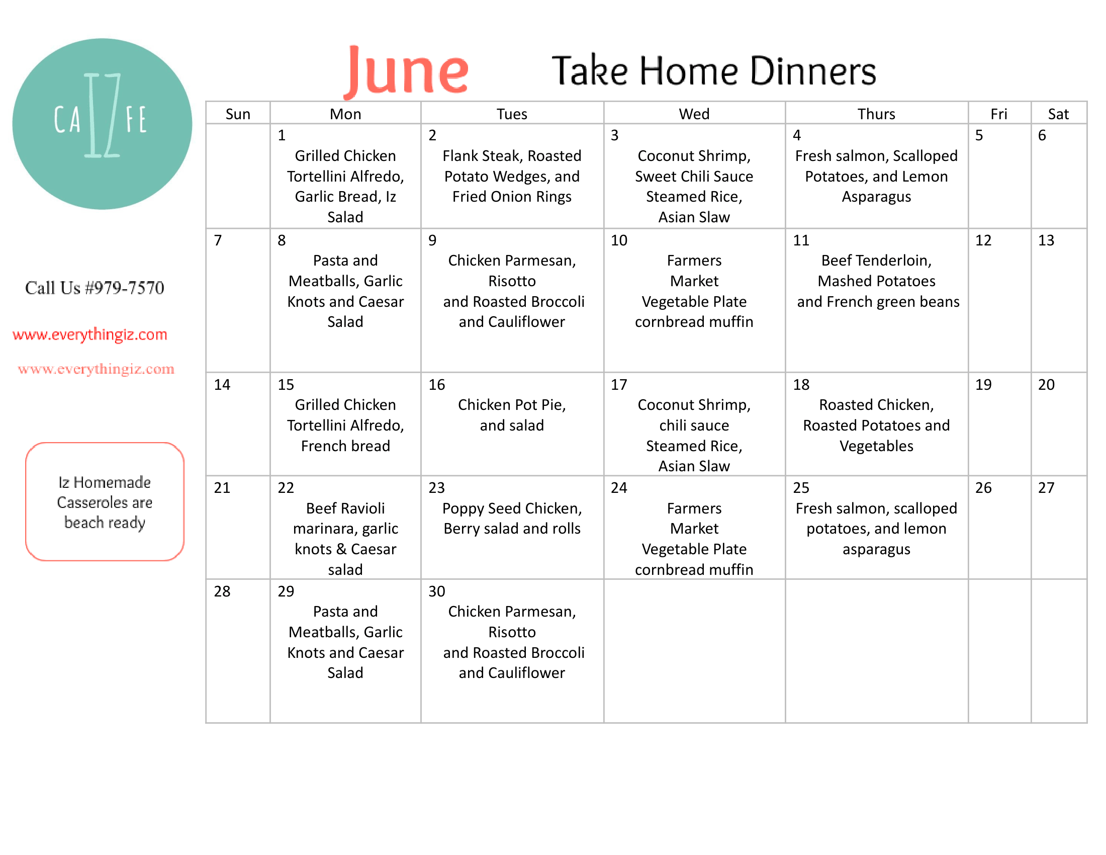 Iz Cafe Take-Home Menu