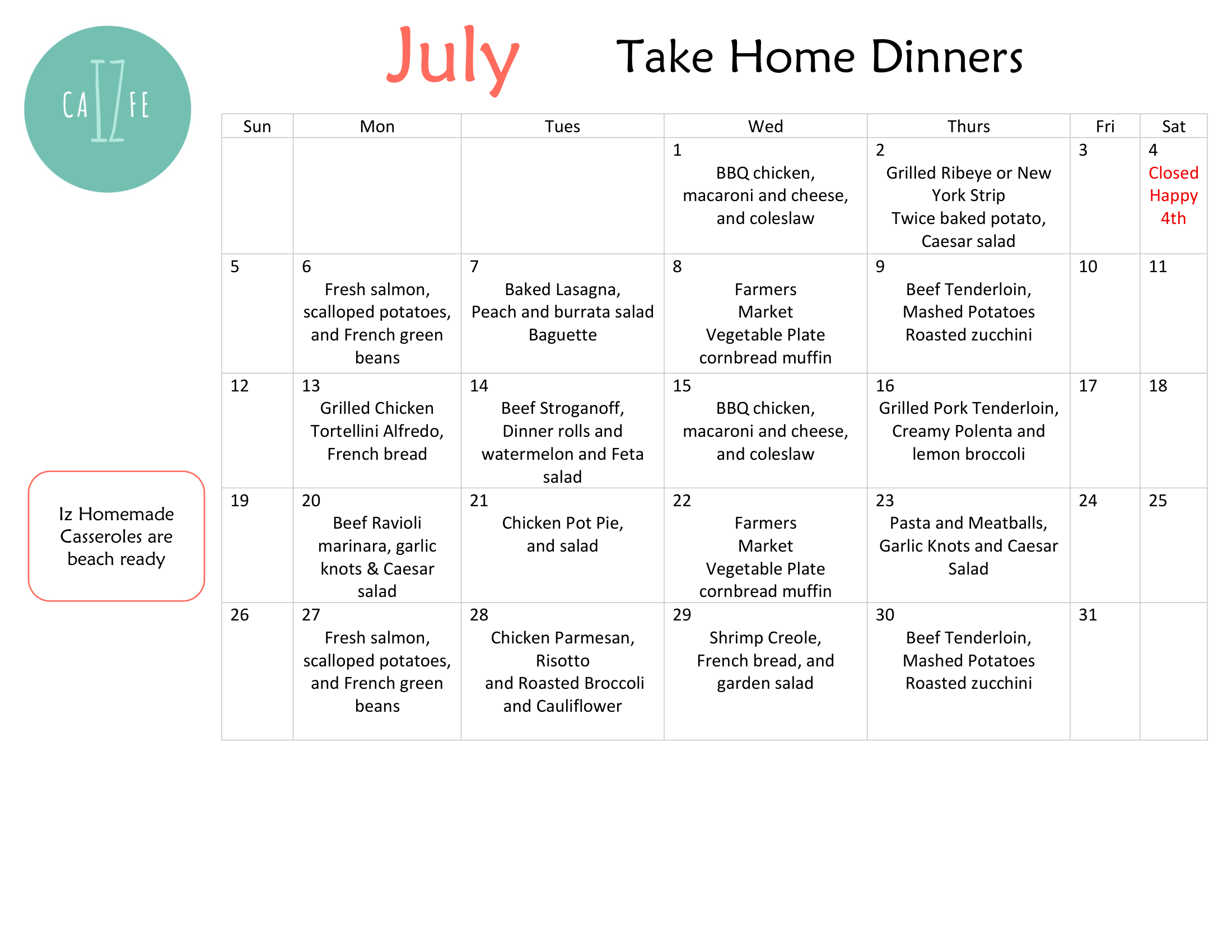 Iz Cafe Take-Home Menu