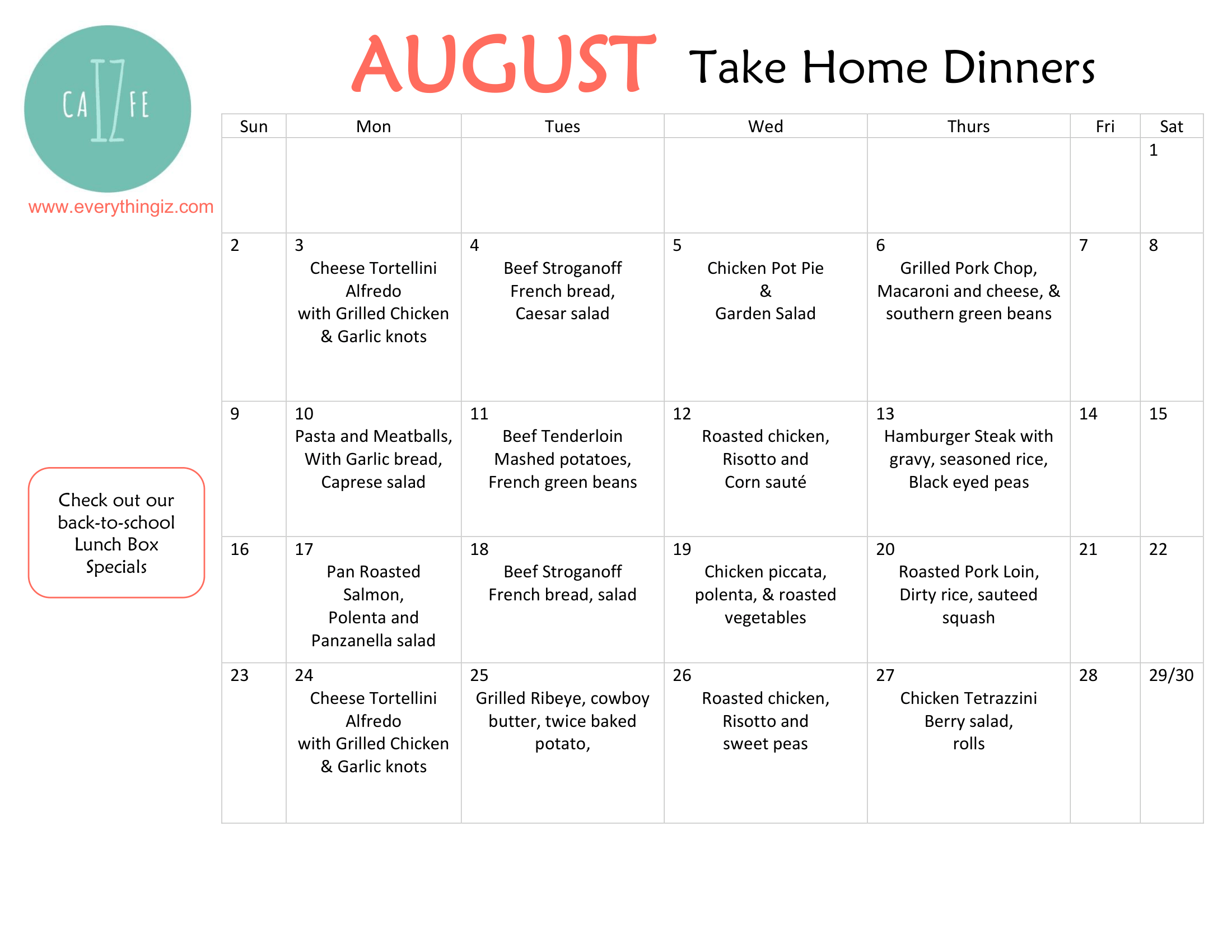 Iz Cafe Take-Home Menu