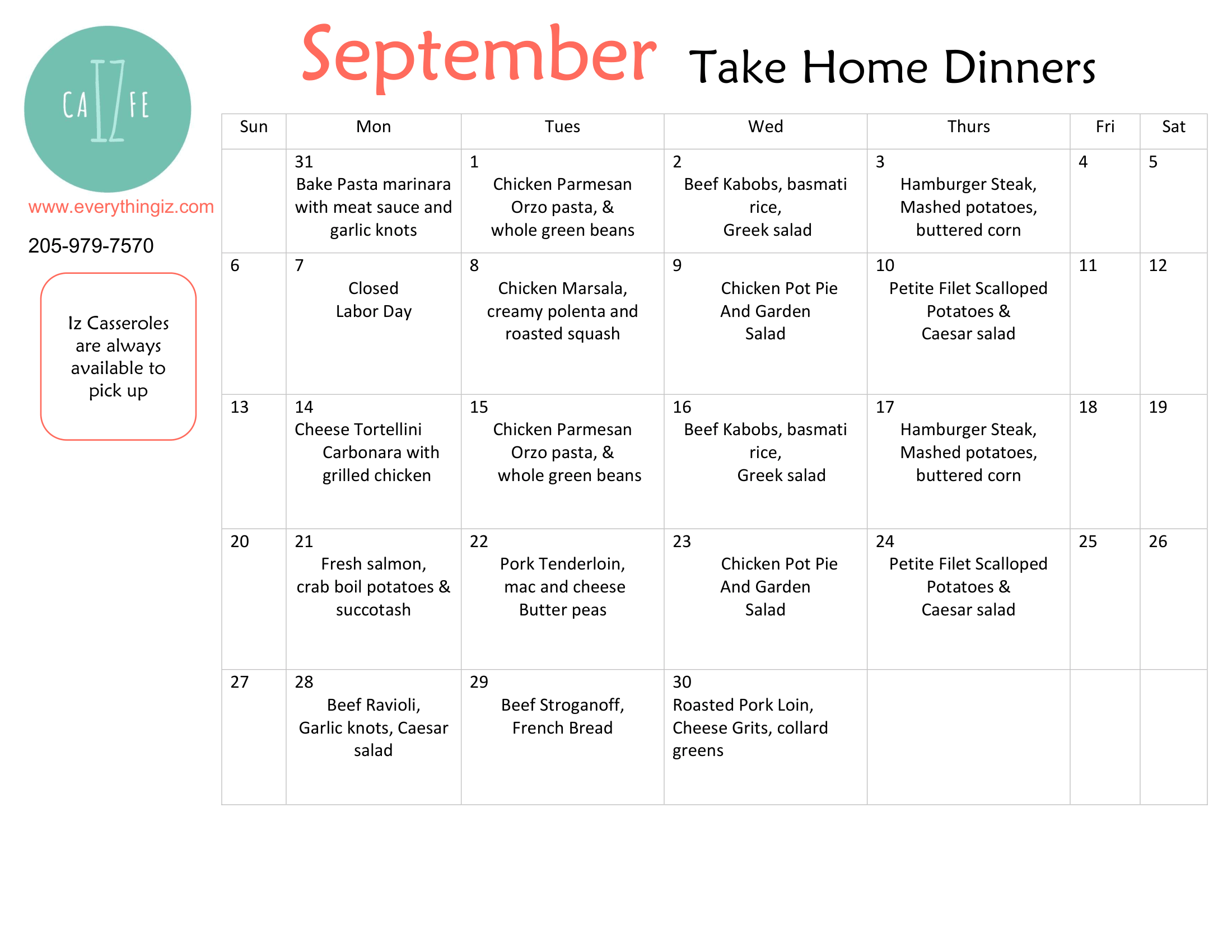 Iz Cafe Take-Home Menu