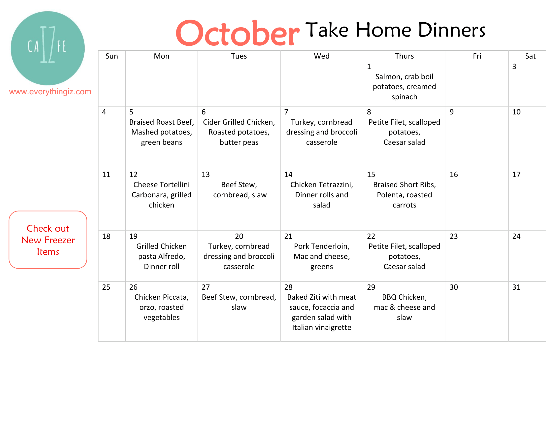 Iz Cafe Take-Home Menu