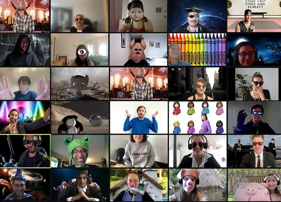 Grid of 30 video call participants, many using costumes or virtual backgrounds, including aliens, animals, and movies.