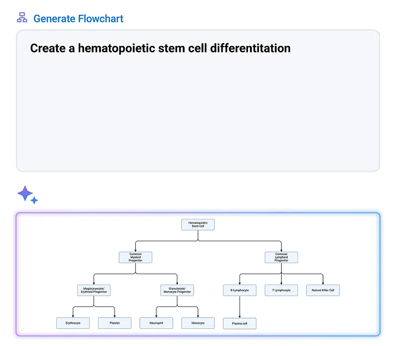 Flowchart depicting hematopoietic stem cell differentiation branching into common myeloid and lymphoid progenitors, further differentiating into various blood cells including erythrocytes, platelets, neutrophils, monocytes, B and T lymphocytes, plasma cells, and natural killer cells.