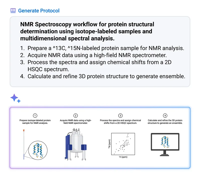 Workflow diagram for NMR spectroscopy protein structural determination with four steps: preparing isotope-labeled protein sample, acquiring NMR data using high-field spectrometer, processing spectra with 2D HSQC spectrum, and calculating 3D protein structure to generate ensemble, accompanied by related icons.