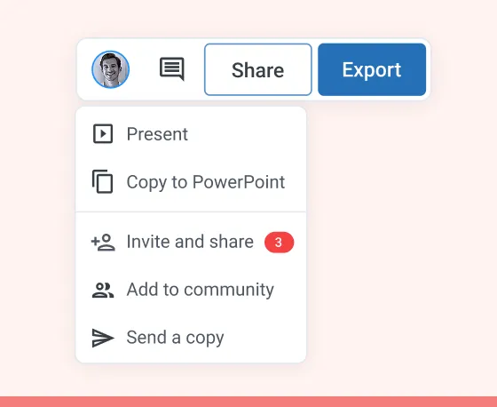 User avatar with chat icon, buttons labeled Share and Export, and a dropdown menu showing options: Present, Copy to PowerPoint, Invite and share with a notification of 3, Add to community, and Send a copy.
