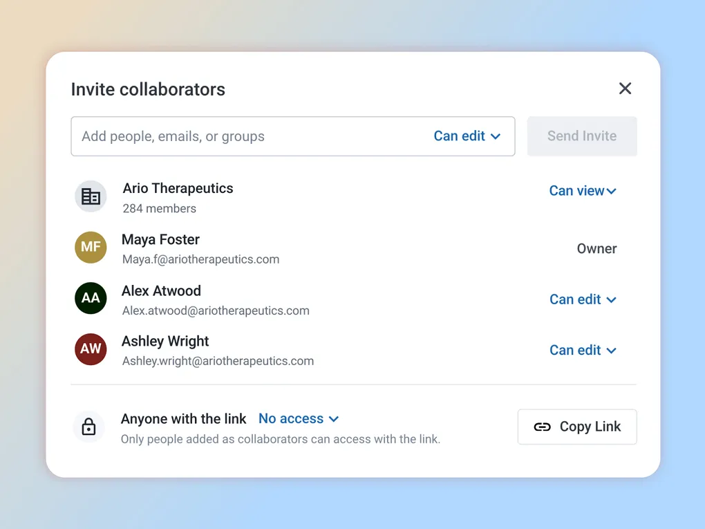Invite collaborators panel showing four users with editing or viewing permissions and a link sharing option.