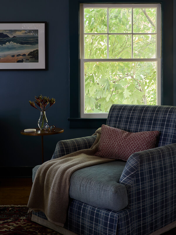 Cozy armchair with plaid upholstery and a throw near a window showing green leaves outside.
