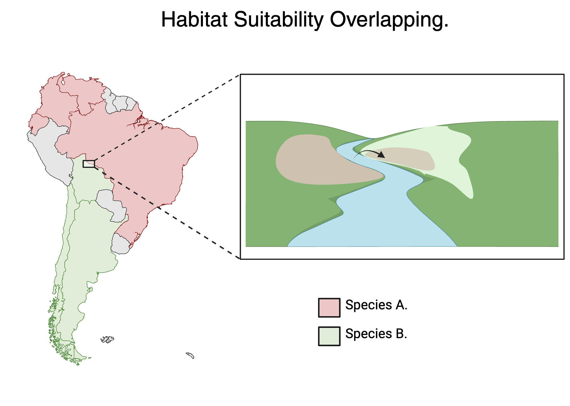 An editable high resolution scientific image depicting Habitat Suitability Overlapping