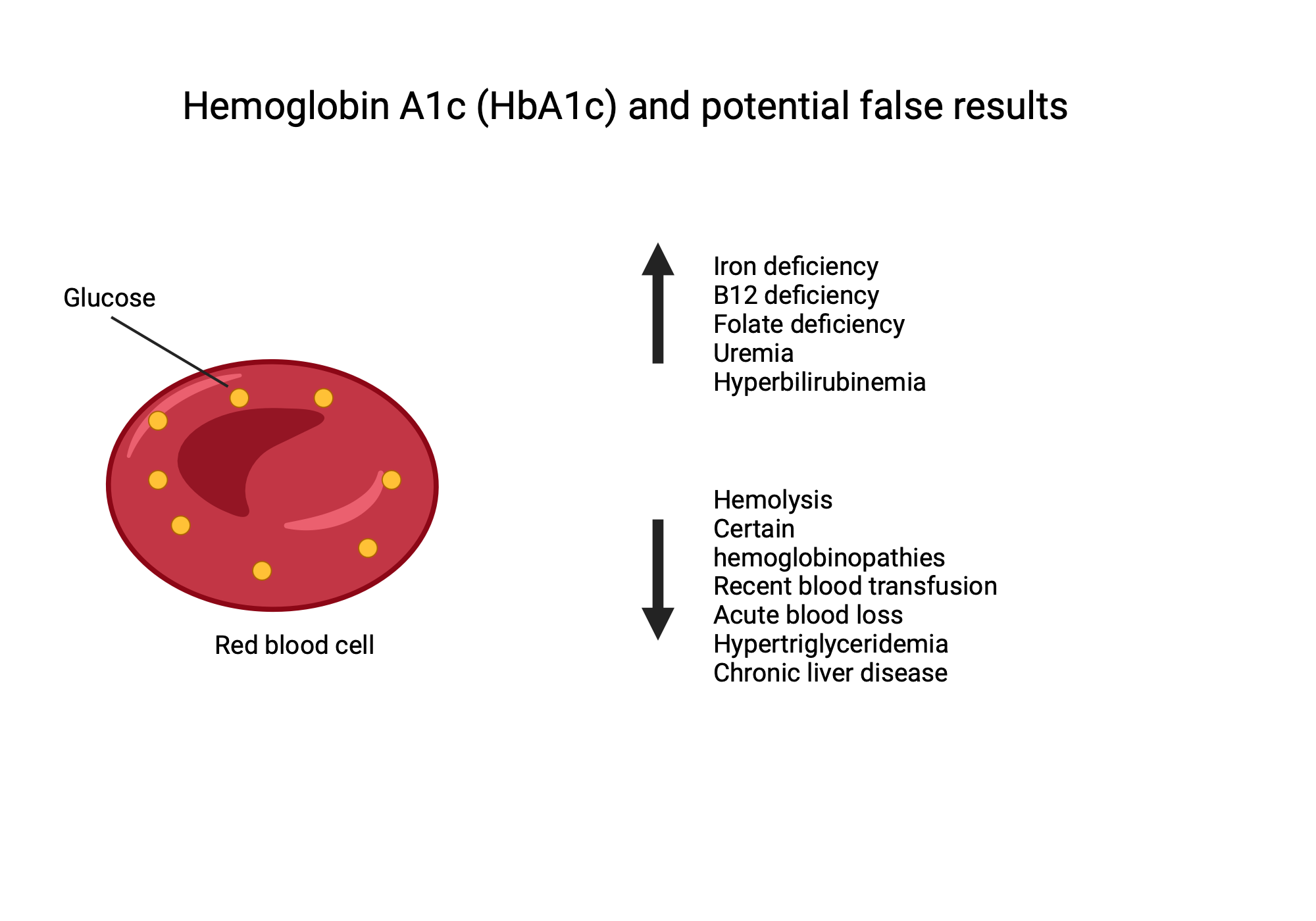An editable high resolution scientific image depicting Hemoglobin A1c and potentiel false results