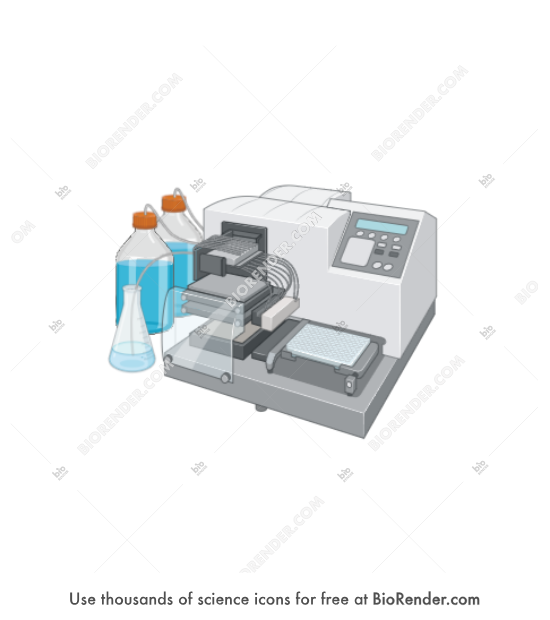Plate washer (Biotek EL406, with bottle and flask) - Editable icon of A washer dispenser designed by Biotek connected with bottle and flask