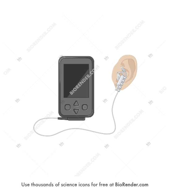 Transcutaneous electrical nerve stimulator (NEMOS, in ear) - Editable icon of NEMOS neurostimulation device consisting of a stimulator with screen and four buttons connected to an ear electrode in the ear, shaped like an earphone