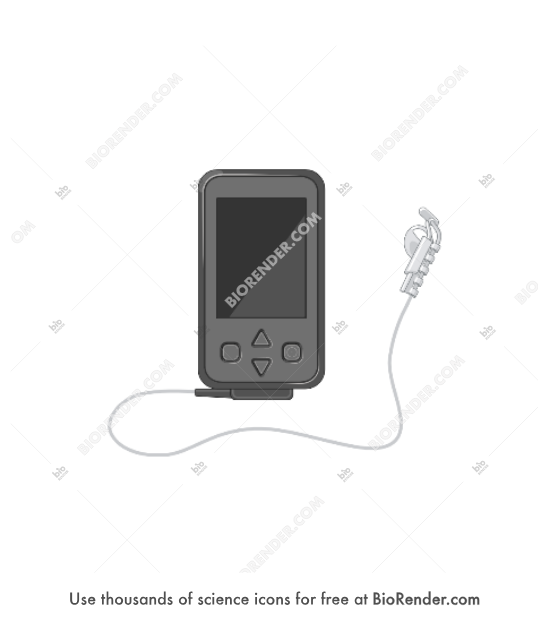 Transcutaneous electrical nerve stimulator (NEMOS) - Editable icon of NEMOS neurostimulation device consisting of a stimulator with screen and four buttons connected to an ear electrode shaped like an earphone