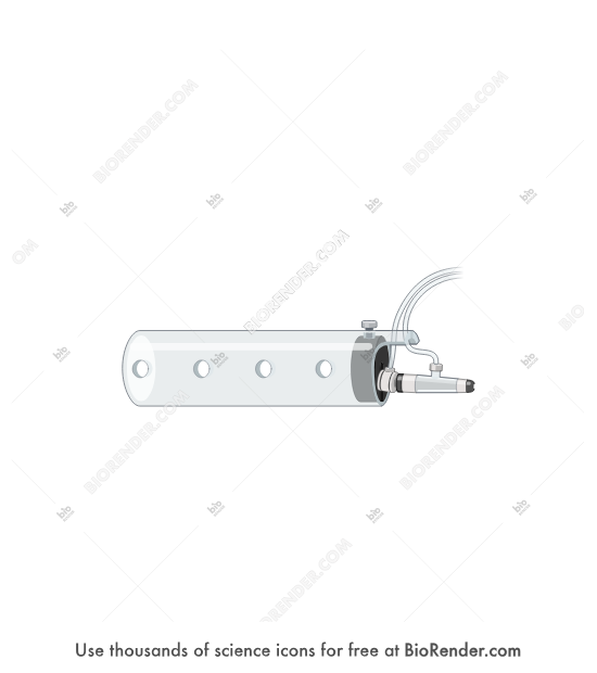 Rodent blood pressure tail cuff setup (outer tube) - Editable icon of A transparent tube with four holes horizontally equidistant apart attached to a rodent tail cuff and two wires