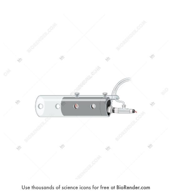 Rodent blood pressure tail cuff system (with mouse) - Editable icon of A rodent tail blood pressure measurement system composed of a transparent tube with four holes horizontally equidistant apart attached to a rodent tail cuff and two wires, and an inner tube with with two holes horizontally in the middle, attached together by two screws at the top.