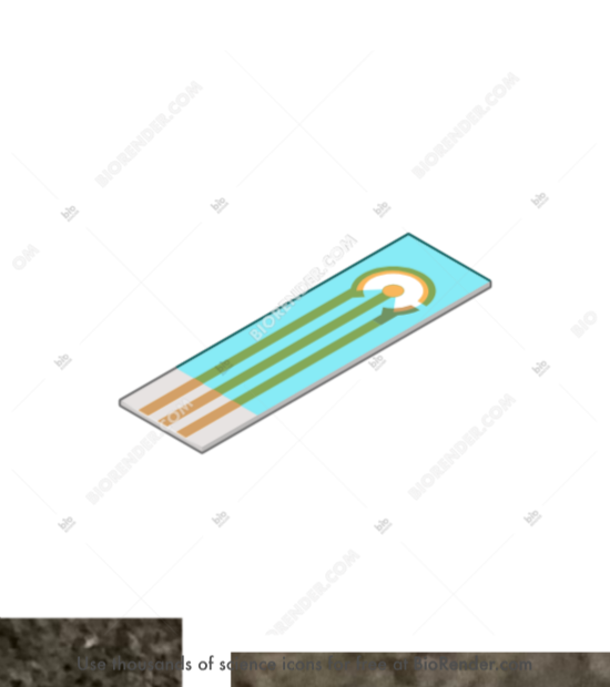 Screen-printed electrode - Editable icon of A rectangular electrode with a circle on one end that is connected to three straight, long lines that run along the top surface to the other end of the electrode. 
