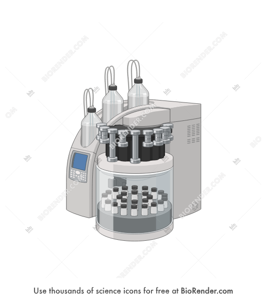 Solvent Extractor (Dionex ASE 350) - Editable icon of a solvent extractor with 3 bottles, a piston, and a drum holding multiple vials, shown in a 3/4 view