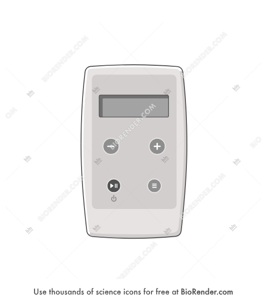 tDCS device - Editable icon of a rounded rectangular generic transcranial direct current stimulation device in the fontal view with a rectangular screen and 4 buttons for power, menu, minus, and plus