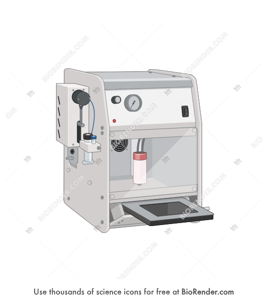 Tissue MALDI Sample Preparation System (HTX M3 Sprayer, tray extended) - Editable icon of a prism-shaped automated MALDI matrix deposition system with a large transparent window, a pump on the side, and an extended tray, seen in a 3/4 view 