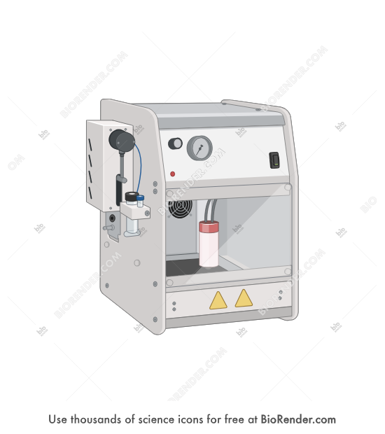 Tissue MALDI Sample Preparation System (HTX M3 Sprayer) - Editable icon of a prism-shaped automated MALDI matrix deposition system with a large transparent window, a pump on the side, and an extended tray, seen in a 3/4 view 