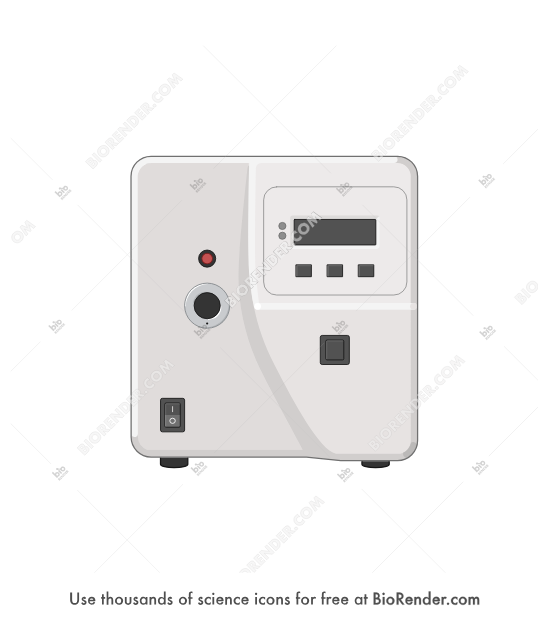 UV spot curing system - Editable icon of a square-shaped UV spot curing system with a screen in the top right seen in an anterior view 