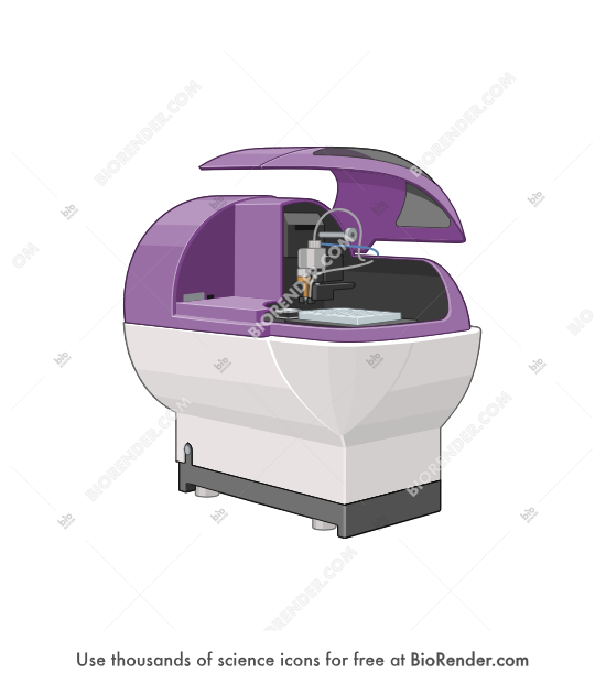 Single cell seeder (Solentim VIPS) - Editable icon of a single-cell seeder with an open lid showing a 96 well plate seen in a 3/4. view