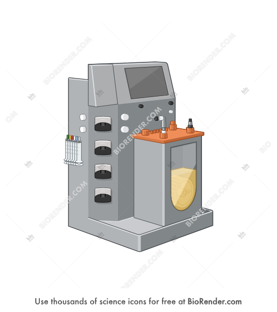 Vertical wheel bioreactor (3L, with liquid) - Editable icon of a vertical wheel bioreactor with a 3L vessel seen in a 3/4 view