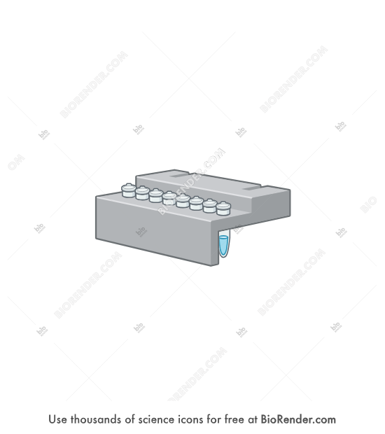 Portable heater (tube holder) - Editable icon of an angular tube holder containing a row of 8 PCR tubes for a portable heater, seen in a 3/4 view