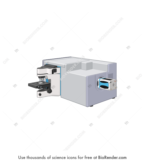 Raman spectrometer (LabRAM Odyssey) - Editable icon of a prism-shaped raman spectrometer with an attached to a microscope and camera, seen in a 3/4 view