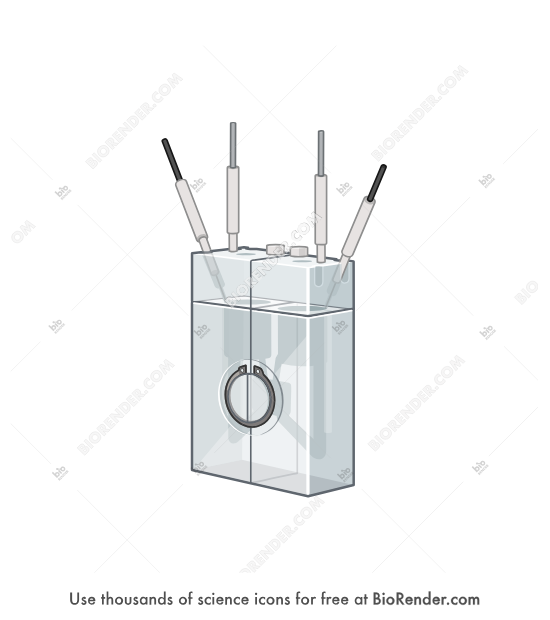 Ussing chamber (NaviCyte) - Editable icon of a semi-transparent rectangular ussing chamber apparatus with four electrodes coming off the top