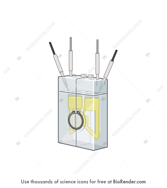 Ussing chamber (NaviCyte, with liquid) - Editable icon of a semi-transparent rectangular ussing chamber apparatus  filled with liquid with four electrodes coming off the top