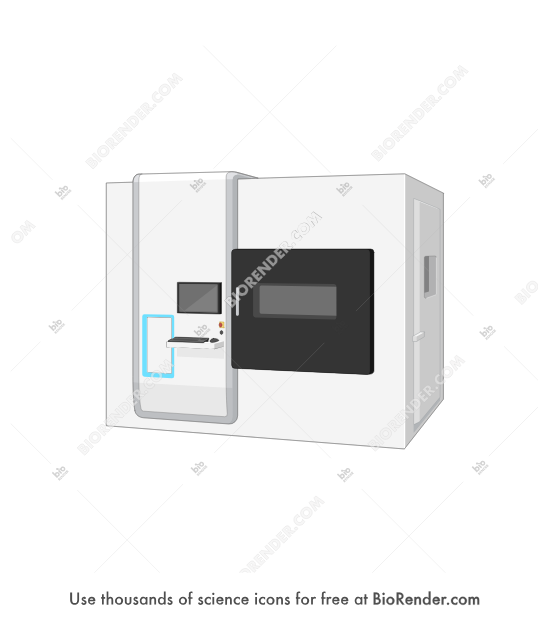 Sample management system (Verso S1 SE) - Editable icon of 3/4 view of a medium to large capacity sample management system as a rectangular prism with front door, screen, and input/output area