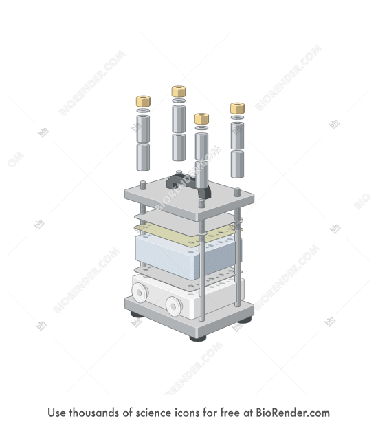 Tangential flow filtration (TangenX, expanded) - Editable icon of an exploded view showing each component of a tangenX tangential flow filtration plate in a 3/4 view