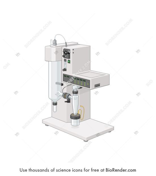 Spray dryer (B-290) - Editable icon of a spray dryer in 3/4 view with a Drying Chamber, Cyclone, Collection Flask, Instrument Display, Sample Inlet, and Gas Inlets