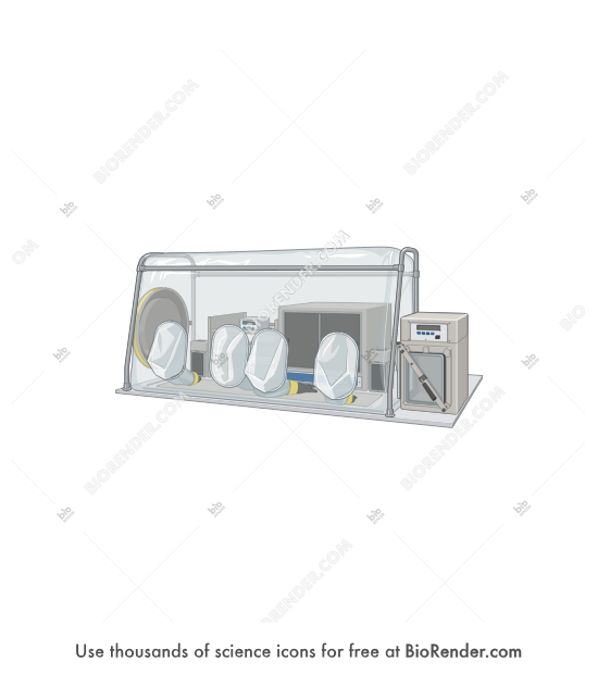Vinyl anaerobic chamber - Editable icon of a rectangular container made of clear vinyl with transparent sides and 4 arm ports connected to vinyl bags inside.