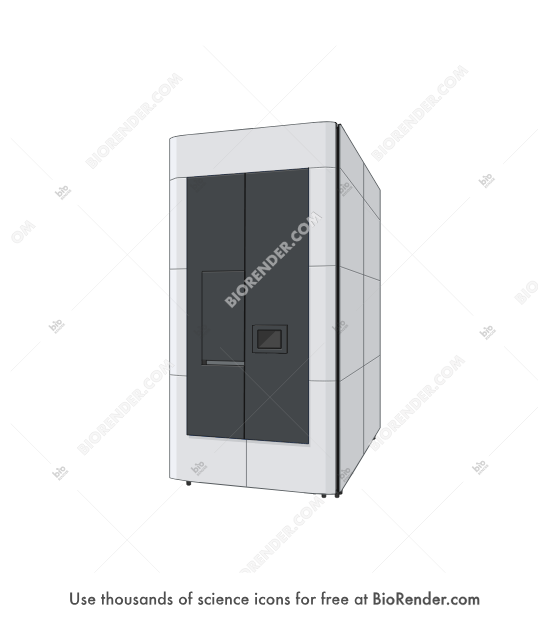 Transmission electron microscope (Krios G4 Cryo-TEM) - Editable icon of a 3/4 view of a rectagular prism shaped cryo-tem instrument with a high-voltage electron source, electromagnetic lenses, a sample holder, a camera, and a computer for image processing and data analysis. The entire microscope is enclosed in a vacuum chamber