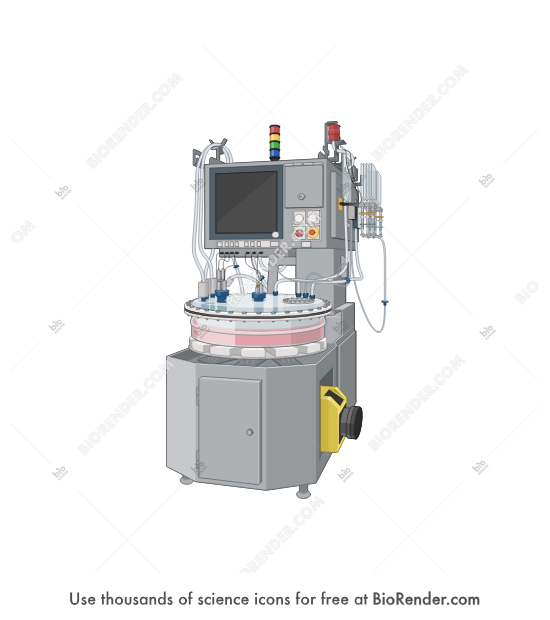 Single-use bioreactor (iCELLis 500) - Editable icon of 3/4 view of an icellis bioreactor with a chamber, pump system, touchscreen interface, and gas and temperature control