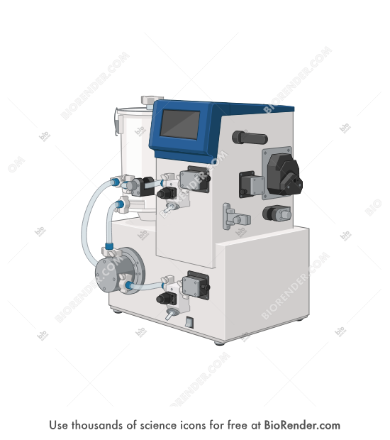 TFF system (AKTA Flux) - Editable icon of 3/4 view of a tff system as a rectangular device with digital interface on front panel, multiple ports for tubing connections, control buttons, mounted on flat base