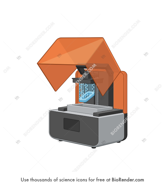 SLA 3D printer - Editable icon of 3/4 view of a box-like device with an open transparent top and a uv laser inside