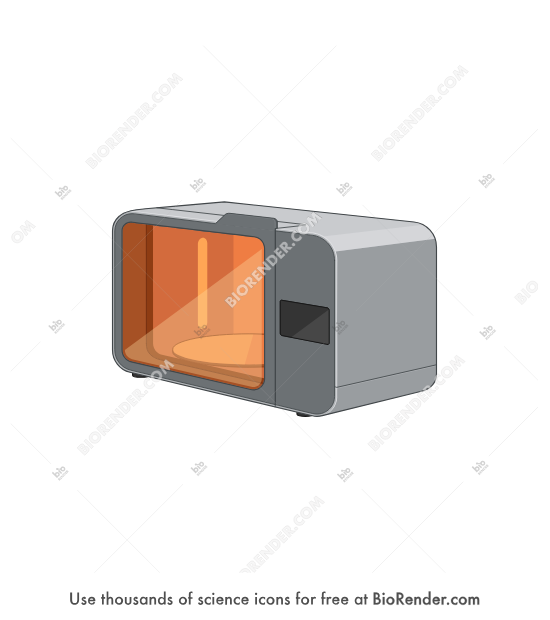 UV curing chamber - Editable icon of 3/4 view of a box-like device with a semi-transparent front section and a rotating turntable inside