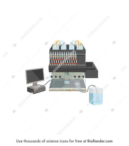 Protein purification system (ProteinMaker, with computer) - Editable icon of a ProteinMaker protein purification system in frontal view attached to a computer